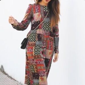 Zara Black/Red Multicolor Patchwork Midi Dress, Size Large